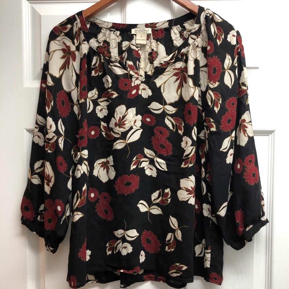 Lucky Brand Black Floral V-Neck Blouse with Cream and Burgundy Accents